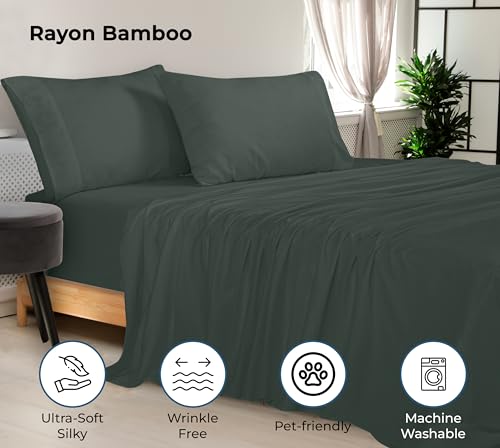 Image of Royale Linens Bamboo Viscose Queen Sheet Set - Cooling Bed Sheet Set - 1 Fitted, 1 Flat & 2 Pillowcase - Fits Up to 16 inch - Organic Viscose Derived from Bamboo - Bedding Sheet & Pillowcase (Queen, Grey)