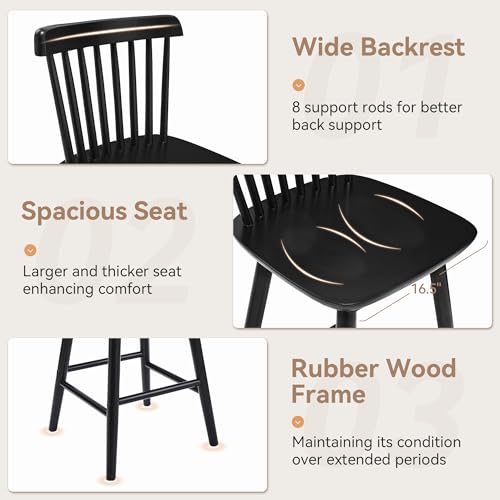 Windsor Wooden Black Bar Stools Set of 3 for Kitchen Island - 24 Inch Counter Height