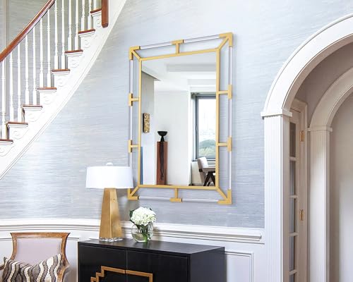 Image of Chende Gold Wall Mirror for Decor with Clear Acrylic and Metal Frame | 26 inch x 38 inch Large Bathroom Mirror, Horizontal /Vertical Wall Decor for Dining Room, Bedroom, Hallway, Fireplace