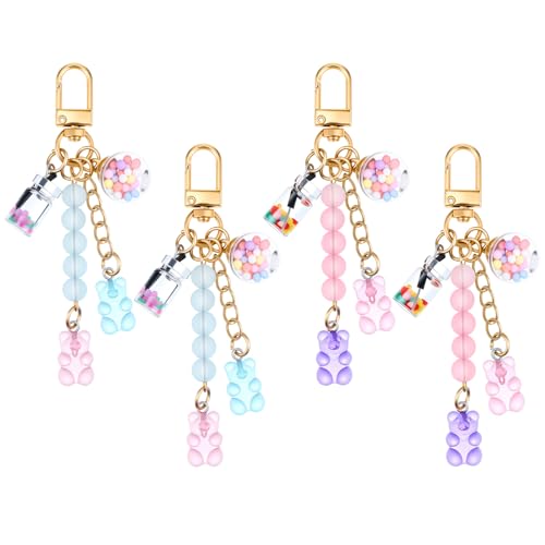 ElevateTech 4 Stück Süße Gummibärchen-Schlüsselanhänger Süßigkeiten-Anhänger Tier-Bär-Anhänger Autoschlüssel-Accessoire Schmuck Für Mädchen Und Frauen Geschenk Rosa Lila Blau