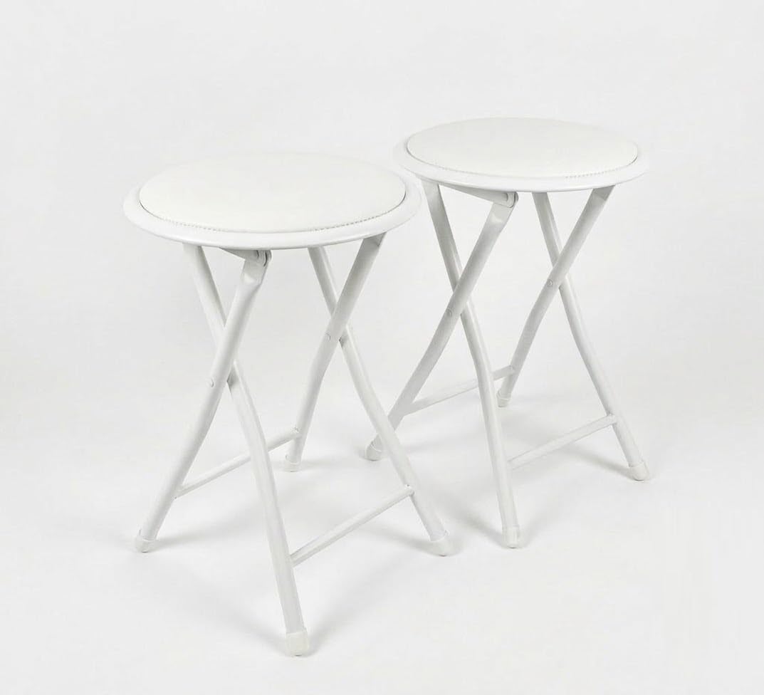SuperGift.com Round Compact Padded Folding Stool Chair For Breakfast, Office Stool, Folding Kitchen Stool, Desk Stool, Foldable Bar Stools (White 2 Pack)