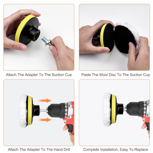 Newpop 7 Piezas Pulir Coche Kit con Disco Autoadhesivo, 80 mm Almohadilla de Pulido de Lana, Pulir Coche Taladro Almohadillas para Limpieza y Pulido de Carrocerías, con Adaptador de Broca M10 - imagen 5