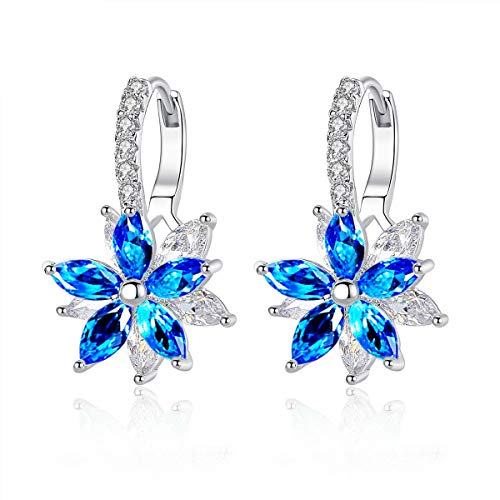 Josfeva Petites Créoles avec Zircon Cubique Bleu avec Ornement en Forme de Fleur pour Femme Fille, Boucles d'oreilles Créoles Argent Soirée Mariage, Petite...