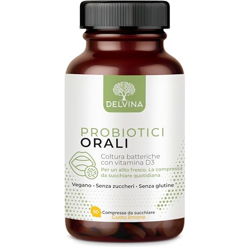 DELVINA Combatti l'Alitosi - 90 Pastiglie vegane per l'Igiene Orale senza Collutorio né Puliscilingua - Alito Fresco - Colture Batteriche con Vitamina D3 contro l'Alitosi, Limone, Scorta di 3 Mesi