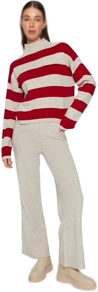 Women's Large Casual/casual Striped Long Sleeve Home Sports Sleeping Underwear Set(D,Large)