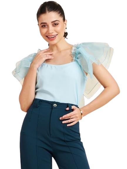 Women's & Girl's Designer Solid Square Neck Half Sleeve Relaxed Fit Regular Organza Ruffled Sleeves Solid semi Casual Top-image-2
