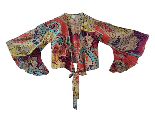 Abstract Print Beach cover up Orange Bell Sleeves 70's Retro Dress Sleepwear Ethnic Clothing Crop Top