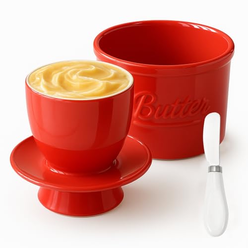 Burriera Ceramica, Burriera Francese con Coltello Burri, Burro in Ceramica con Coperchio, Burriera in Porcellana con Linea Acqua Raffreddato, Per Conservare Burro Fresco (Rosso, 6 oz)