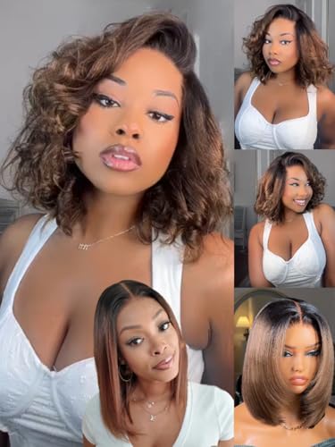 Image of Sunber Ombre Chestnut Brown Light Yaki Straight Bob Human Hair Wigs Pre Everything Pre Cut 13x4 HD Lace Front Glueless Bob Wig Put On and Go Brown Yaki Bob Wig Pre Bleached Invisible Knots 12Inch