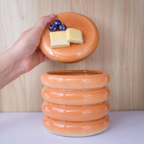 Image of Pancake Stack Ceramic Jar with Lid | Cute Handmade Kitchen Storage Canister | Faux-Food Whimsical Style | Lead-Free Clay