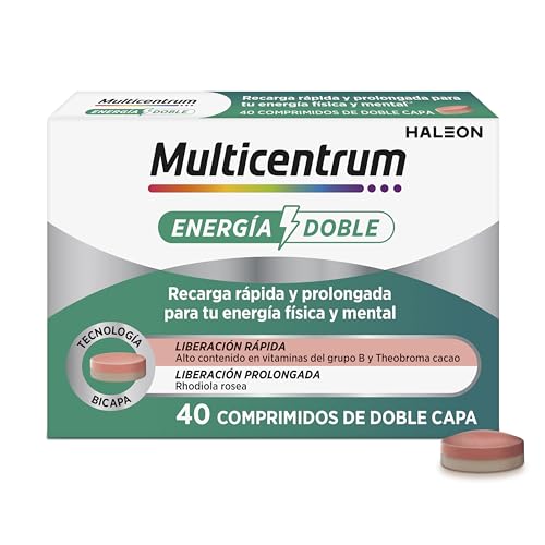 Multicentrum Energía Doble, Complemento Alimenticio con Biotina, Vitamina B, Rhodiola Rosea y Theobroma Cacao Para una Recarga Rápida y Prolongada de tu Energía, 40 Comprimidos de Doble Capa