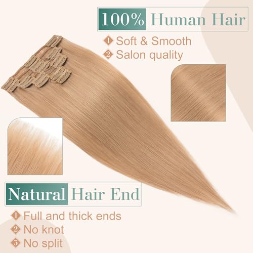 Image of Benehair Clip-in Hair Extensions - Real Human Hair, Double Weft, 8pcs, 18inch Remy, Soft Silky Straight, Natural, Strawberry Blonde