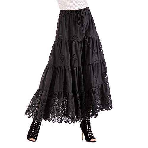 Love Welove Fashion Women's Solid Cotton Embroidered Tiered Flare A-Line Ankle Length With Lining Maxi Skirt (M, Black) #TOP4