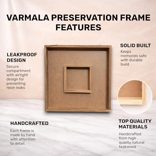 Image of Varmala Preservation Frame with Photo Compartment | Wedding Garland Keepsake Frame | Leakproof Resin Art Display | Premium Quality Gift for Couples & Anniversary (Square, Teakwood, 12x12 Inch)