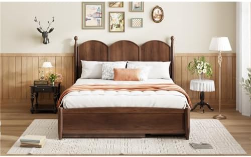 Bellemave Queen Size Platform Bed with 2 Drawers & Trundle, Wood Queen Bed Frame with Curved Headboard & 4 Rounded Pillars (Walnut/Classic)
