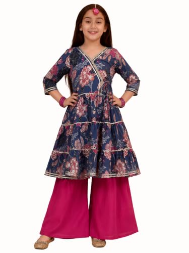 Image of Preneum Girl's Cotton Rayon Floral Printed Angrakha Kurta with Sharara & Dupatta