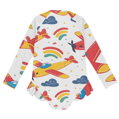 Girls One Piece Swimsuits Long Sleeve Swimsuit Zipper Bathing Suits Airplane Red Childish Doodle2