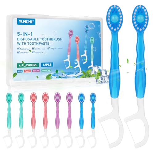 YUNCHI 12PCS Mini Cepillo Dientes Viaje Portátil, 5 en 1 Cepillos de Dientes Desechables con Pasta, Hilo Dental, Palillo de Dientes, Raspador de Lengua, Envueltos Individualmente Cepillo de Dientes