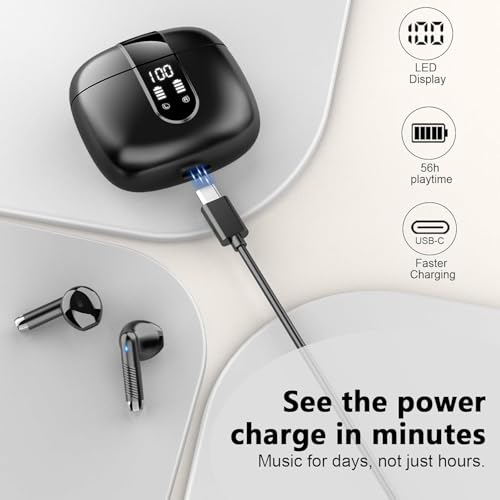 Image of Wireless Earbuds, Bluetooth Headphones V5.4 Stereo Bass Ear Buds with ENC Noise Cancelling Mics,56H Bluetooth Earbuds with LED Display Charging Case, IP7 Waterproof Earphones for Android iOS【Mini】