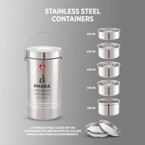 Image of Dhara Stainless Steel Big 5 Tier Tiffin Box, 1950ml | Insulated, For Office Work Travel & Picnic Use