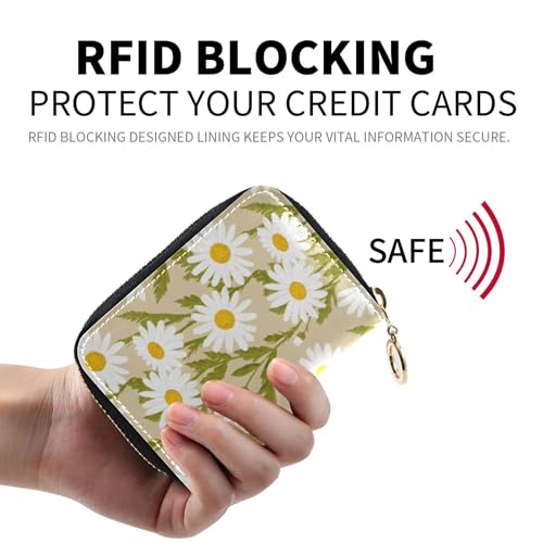Leather Women's Wallet Cute Card Holder RFID Blocking Small Zipper Coin Purse with Key Ring Cute Daisies Beige Leaves Green2