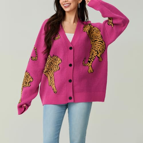 Tiger Print Cardigan Sweaters for Women Button Up Y2k Knitted Cardigans Oversized Long Sleeve Sweater Coats3