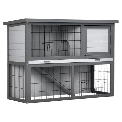 PawHut 43" L Wooden Rabbit Hutch Pet Playpen 4 Door House Enclosure with Ramp, for Rabbits and Small Animals, Grey