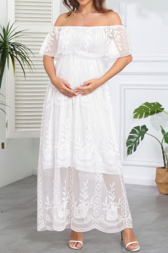 Image of Women's Off Shoulder Maternity Dress Swiss Dot Boho Baby Shower Dress | Swiss dot chiffon fabric,off shoulder boho design,maternity baby shower dress style