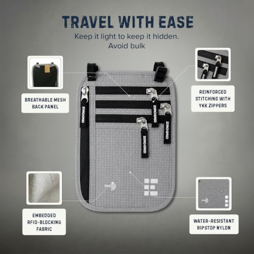 Image of Neck Wallet for Travel & Passport Holder with RFID Blocking - Slim & Easy to Conceal Nylon Travel Pouch for men & women - Holds Phone, Cash, Cards, Keys - Sweat & Water Resistant - XLarge - Light Grey