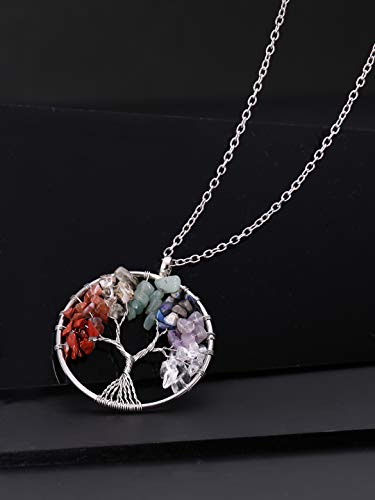 Image of Yellow Chimes Tree of Life 7 Chakra Stones Handmade Long Chain Pendant Necklace for Women and Girls