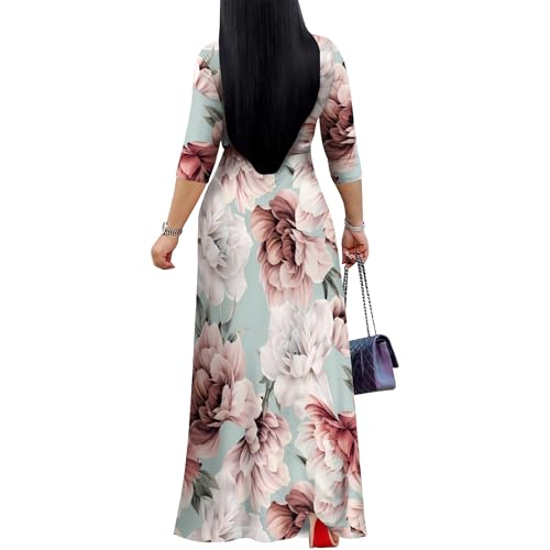 Image of PinkPatty Women's Print Maxi Dresses 3 /4 Sleeve Flowy Long Dress V Neck Wrap Tie Waist Sundress