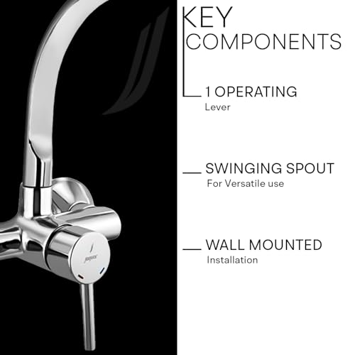 Image of Jaquar Wall Mounted Single Lever Sink Mixer with Swinging Spout on Upper Side, Connecting Legs & Wall Flanges, Stylish & Durable Faucet for Kitchen & Bathroom, Sliver - (Chrome Finish)