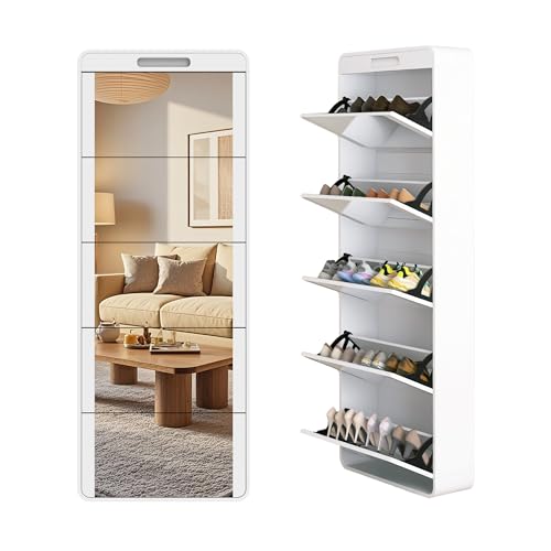 Organizedlife Mirror Shoe Storage Cabinet, Cell Phone Shape & Full Length Mirrors, Narrow Shoes Organizer Cabinets with 5 Flip Drawer, Free Standing Hidden Shoe Rack Cabinet for Front Door, Entryway