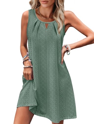 Image of RUMIA Swimsuit Coverup for Women Summer Sleeveless Beach Dress | Crew Neck, Pockets, Eyelet, Boho, Above knee Length, A-Line. Everyday wear, Sundresses, Cruise Wear, Vacation essential