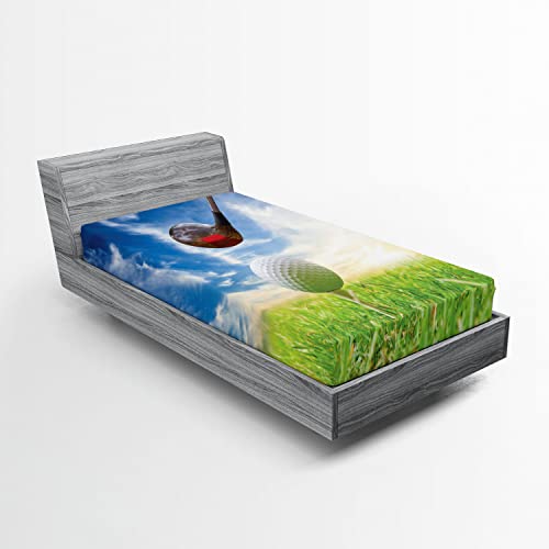 Ambesonne Sports 2 Pack Fitted Sheet, Golf Club and Ball, Bed Cover All-Round Elastic Deep Pockets 2 Pieces, Package Contains 2 Twin Size Fitted Sheets, Green Dark Blue