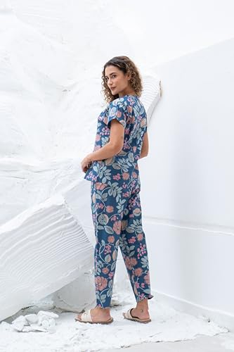 Image of SANSKRUTIHOMES Women's Premium 100% Cotton Printed Co-Ord Set | Short Sleeve Shirt & Pant Set | Pink Checkered Sun & Palm Tree Print | Casual Summer Resortwear, Vacation Wear & Comfortable Loungewear