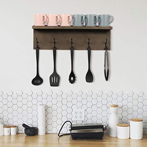OROPY Rustic Entryway Coat Hooks with Storage Shelf 23.6" Length, Solid Wood Wall Mounted Clothes Rack with 5 Hooks and Display Shelf for Hallway, Bathroom, Living Room, Bedroom, Kitchen, Walnut Color - Thumbnail 5