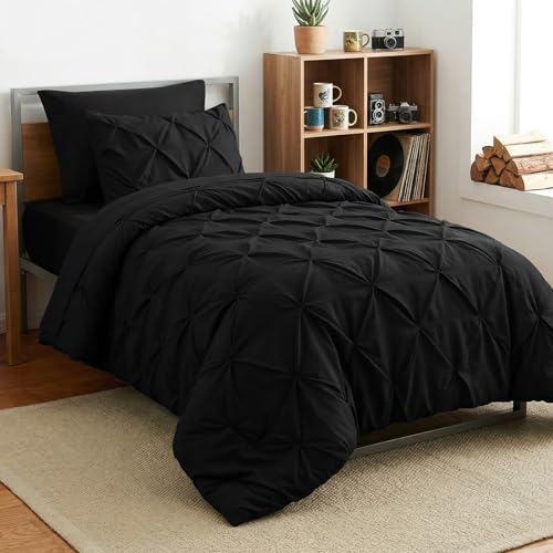 HIMEET Twin XL Comforter Set Black - 5 Pieces Pintuck Bed in a Bag Pinch Pleat Modern Room Decor All-Season Soft Bedding Gift with Comforter Sheets Pillowcase & Sham