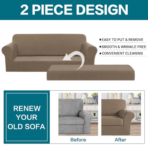 Image of Turquoize Stretch Sofa Slipcover 2 Pieces Sofa Cover Couch Cover for 3 Cushion Couch Washable Furniture Protector Covers with Elastic Bottom Feature Thick Jacquard Fabric (Sofa, Macchiato)