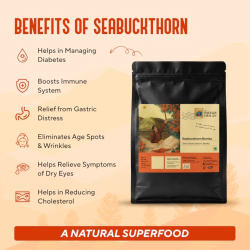 Image of My Pahadi Dukan Dried Sea Buckthorn Berries 250g, Himalayan Superfood, Rich in Vitamin C, Omega 3 6 7 & 9, Boosts Immunity, Skin & Heart, No Additives, Seabuckthorn Dry Berries
