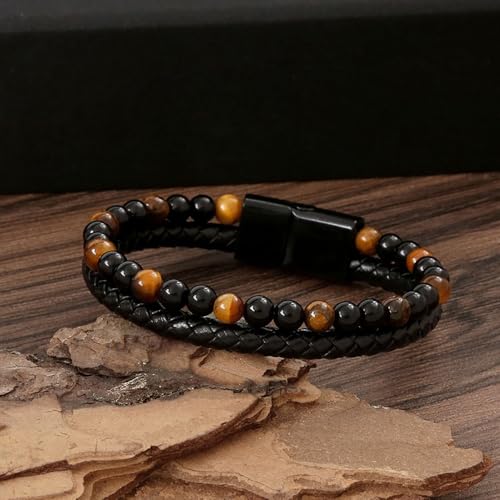 Son's Tiger Eye Protection Bracelets For Men, To My Son Bracelet from Mom Leather Black Beaded Bangle Engarved With Love You Forever Cuff Jewelry Gift for Birthday Christmas4