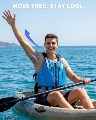 Owntop Schwimmweste Erwachsene | Verstellbare Auftriebsweste mit großzügigen Taschen, Reflexstreifen & flexiblen Armausschnitten | Schwimmhilfe für Kajak, Angeln, Bootssport, Paddeln (Blau,M-L)