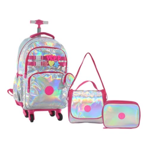 Kit Mochila 20” Efeito Holográfico Feminina Luxo Juvenil 4 Rodinhas 360° Feminino Com Lancheira Térmica E Estojo (ROSA)