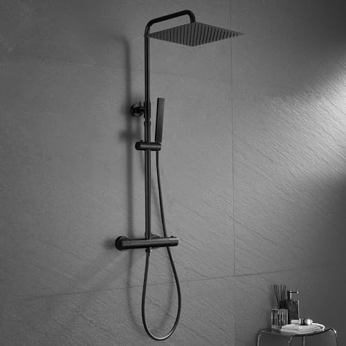 JOHO Colonne Douche Noir avec 38 ° C Mitigeur Thermostatique Colonne Douche pour Baignoire, Ensemble de Douche avec Douchette Pommeau Douche Noir 25x25cm