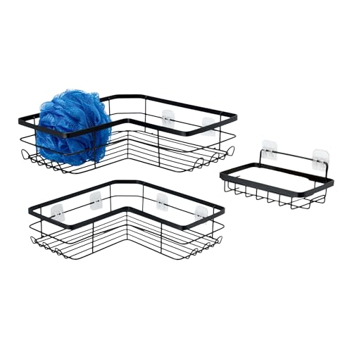 Amazon Basics Corner Shower Caddy Organizer with Soap Holder, Adhesive Wall Mount, Rust Resistant Powder-Coated Stainless Steel, Black, Set of 3