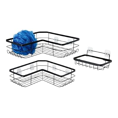 Amazon Basics Corner Shower Caddy Organizer with Soap Holder, Adhesive Wall Mount, Rust Resistant Powder-Coated Stainless Steel, Black, Set of 3