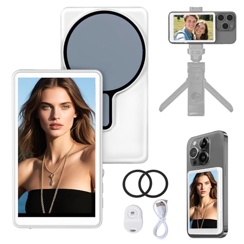 4.02” Vlog Selfie Monitor Screen with Rear Camera Display - Magnetic Phone Mount, Low-Latency HD Mirroring & Wireless Remote, Compatible with iPhone/Android for Social Media Live Streaming (white)