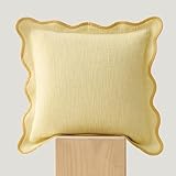 Double Stitch Scalloped Throw Pillow Covers - 100% Cotton Decorative Boho Pillow Covers 20 x 20, Made in India, Square Cushion Case, Modern Home Decor for Couch Sofa Living Room, Lemon Yellow