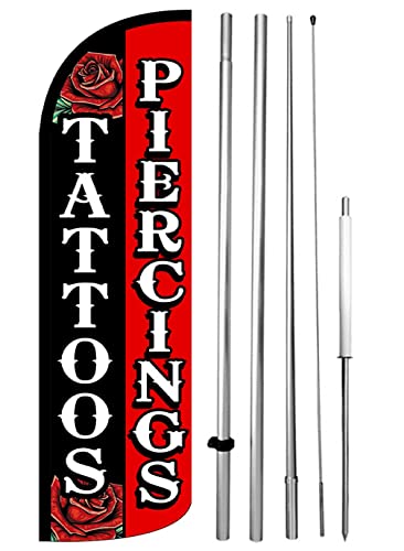 TATTOO PIERCING Swooper Feather Flag Windless Banner Sign 15 ft Tall Large Pole Kit krq81-h, Black