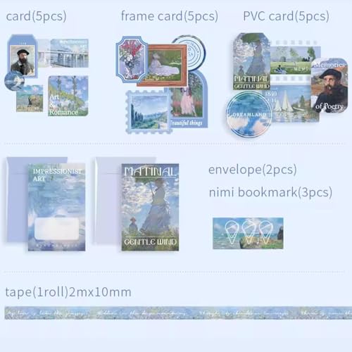 Image of VIBE VISTA Vintage Aesthetic Scrapbook Kit, 346 Pcs, A6 Grid Notebook, Washi , Envelopes, Papers, Folding Labels, Background Papers, Photo Frames, Calendar Stickers (Morning Breeze, Blue)